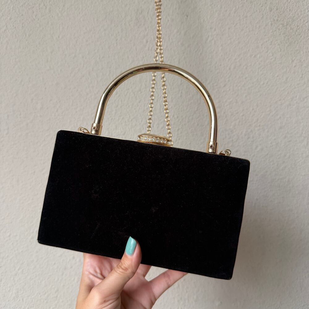 House of Harlow 1960 Black Velvet Gold Chain Box Clutch